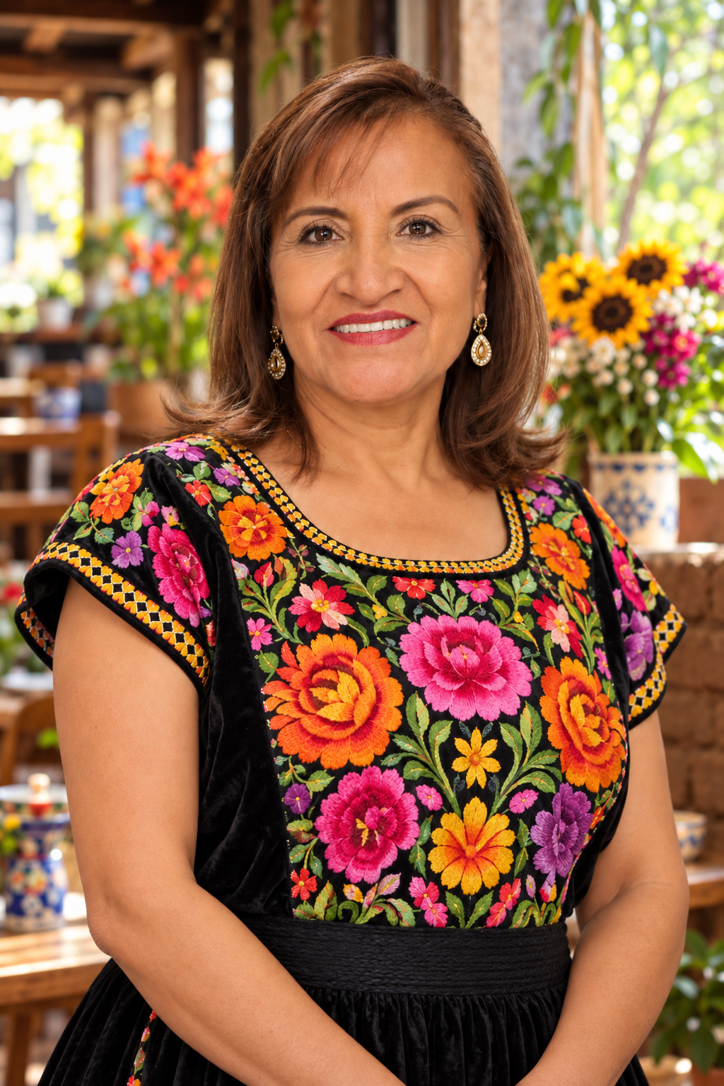 Margarita García García con huipil bordado en un café oaxaqueño